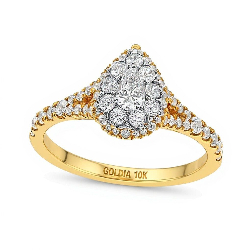 Multi-Stone Verlobungsring 0,75 ct. Gesamtgewicht mit Diamanten in Tropfen- und Rundschliff, Split-Shank, 10K Gelbgold