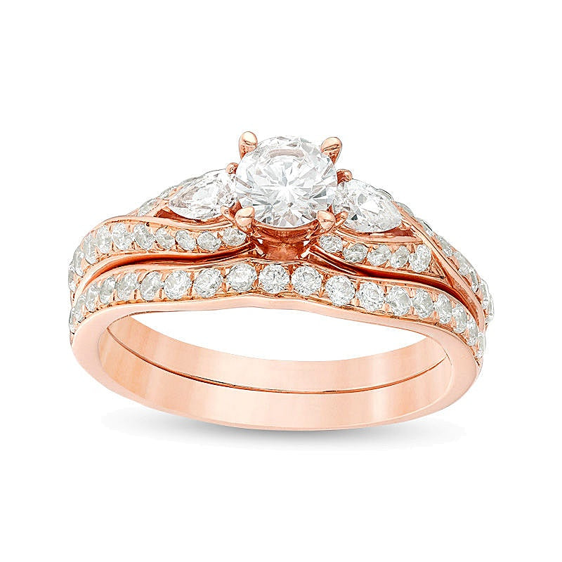 Braut-Set mit Diamanten im Rund- und Tropfenschliff, Bypass Dreistein, 1,38 ct. Gesamtgewicht, in 14K Roségold