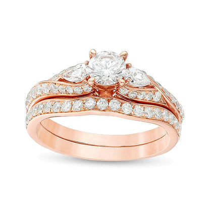 Braut-Set mit Diamanten im Rund- und Tropfenschliff, Bypass Dreistein, 1,38 ct. Gesamtgewicht, in 14K Roségold