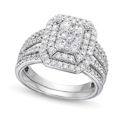 Braut-Set mit 1,25 ct. Gesamtgewicht Smaragd und mehreren Diamanten im Art-déco-Stil mit geteiltem Ringschienen-Design in 10K Weißgold