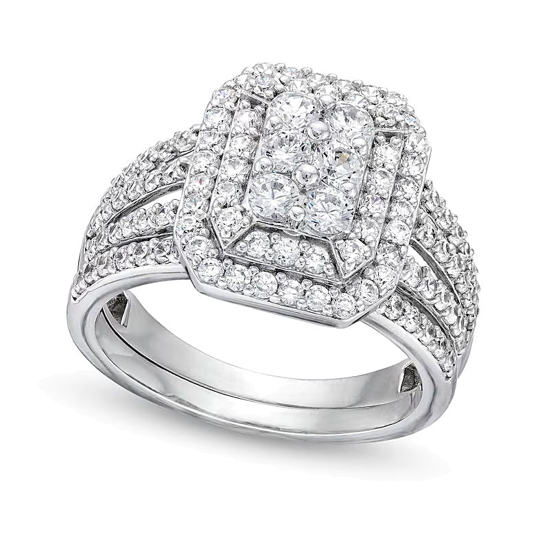 Braut-Set mit 1,25 ct. Gesamtgewicht Smaragd und mehreren Diamanten im Art-déco-Stil mit geteiltem Ringschienen-Design in 10K Weißgold