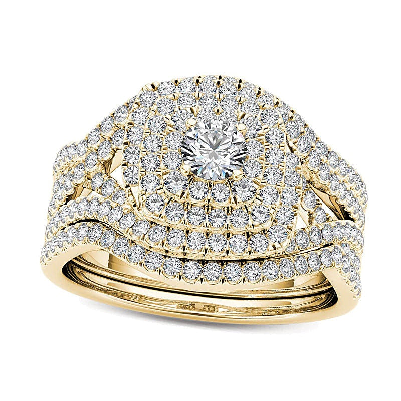 Diamant-Brautset mit Kissenschliff-Halo und Split-Shank, dreiteilig, 1.0 ct. Gesamtgewicht, in 14K Gelbgold