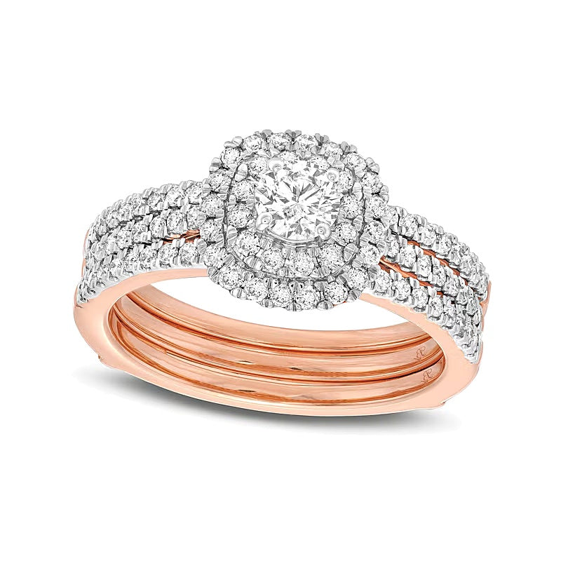 1.0 ct. Gesamtgewicht Diamant Braut-Set mit doppeltem Rahmen und mehrreihigem Design in 10K Roségold