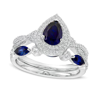 Braut-Set mit tropfenförmigem blauen Saphir und Saphir im Marquise-Schliff (im Labor gezüchtet) in rhodiniertem Sterlingsilber