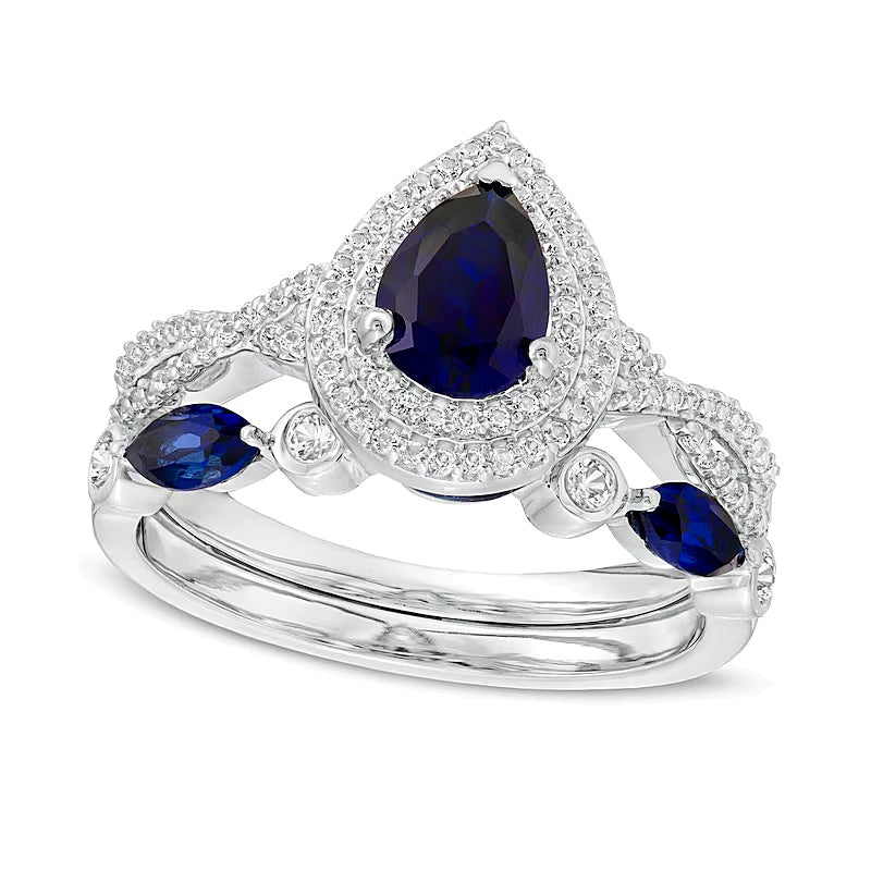 Braut-Set mit tropfenförmigem blauen Saphir und Saphir im Marquise-Schliff (im Labor gezüchtet) in rhodiniertem Sterlingsilber