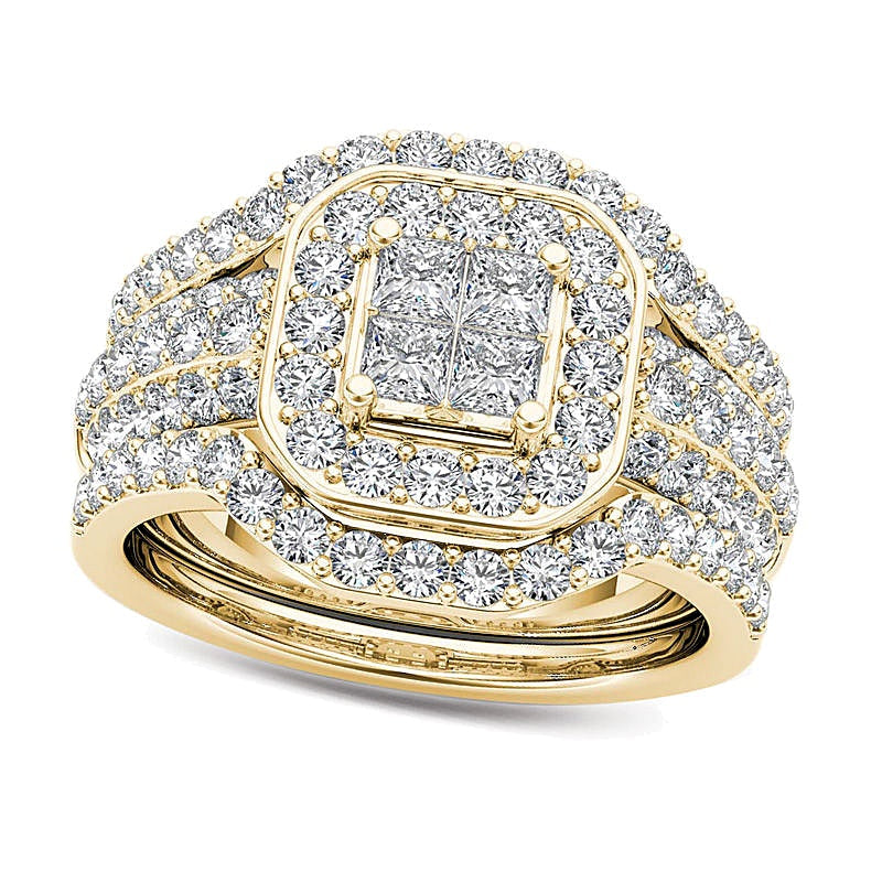 1.75 CT. Gesamtgewicht Princess-Diamant Brautset dreiteilig mit Rahmen aus 14K Gelbgold