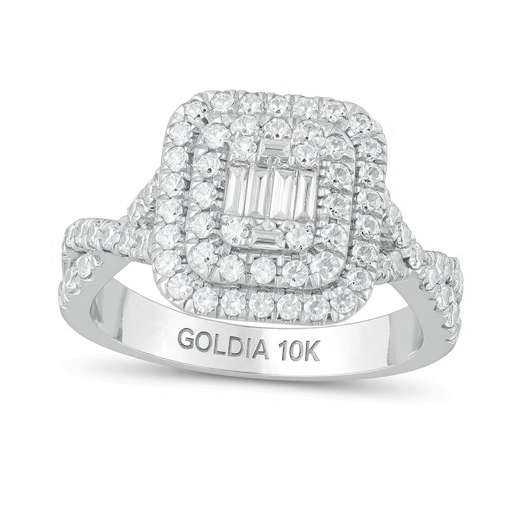 Verlobungsring mit Komposit-Diamanten 1.0 ct. Gesamtgewicht, doppelter Kissenschliff-Rahmen und gedrehte Ringschiene, Baguette, rund und Kissenschliff, in 10K Weißgold