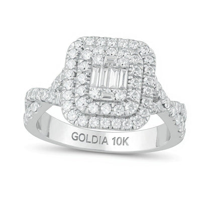 Verlobungsring mit Komposit-Diamanten 1.0 ct. Gesamtgewicht, doppelter Kissenschliff-Rahmen und gedrehte Ringschiene, Baguette, rund und Kissenschliff, in 10K Weißgold
