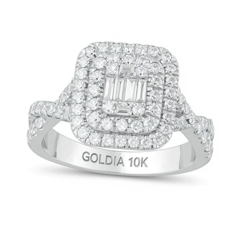 Verlobungsring mit Komposit-Diamanten 1.0 ct. Gesamtgewicht, doppelter Kissenschliff-Rahmen und gedrehte Ringschiene, Baguette, rund und Kissenschliff, in 10K Weißgold