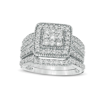 1.25 ct. Gesamtgewicht Multi-Diamant Brautset mit quadratischem Rahmen im Vintage-Stil, mehrreihig, in 10K Weißgold
