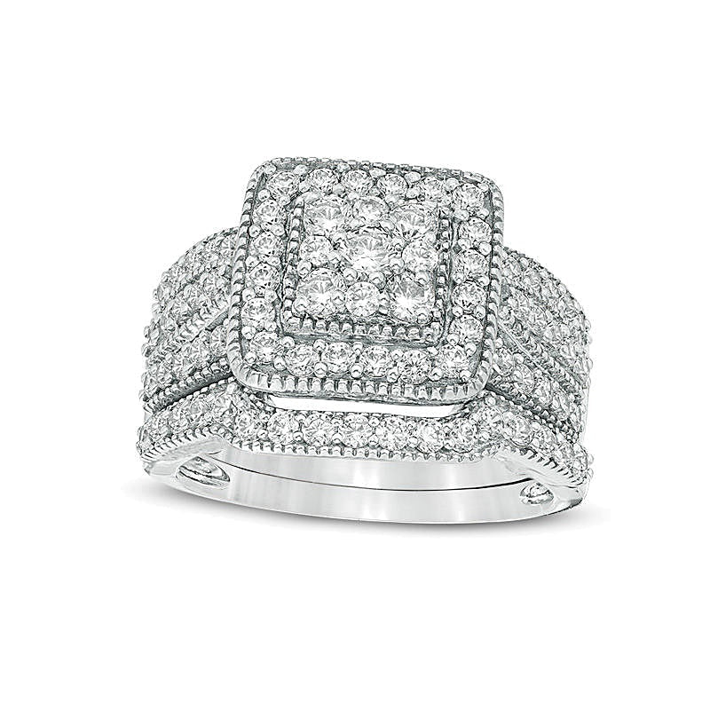 1.25 ct. Gesamtgewicht Multi-Diamant Brautset mit quadratischem Rahmen im Vintage-Stil, mehrreihig, in 10K Weißgold