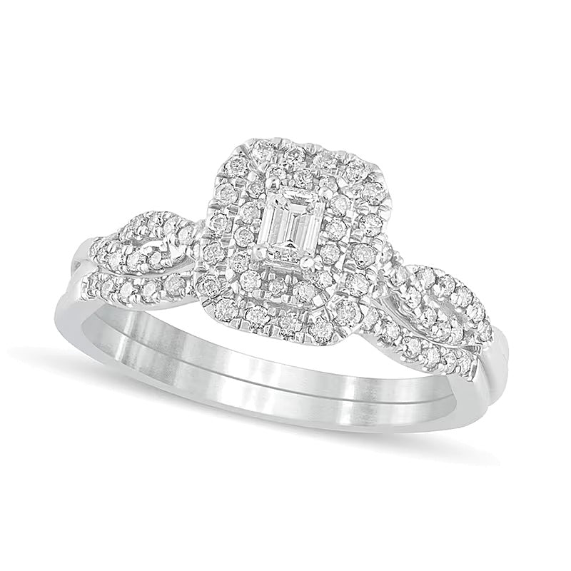 Braut-Set mit Diamanten im Smaragdschliff 0.5 ct. Gesamtgewicht, Double-Frame, mehrreihig, in 10K Weißgold