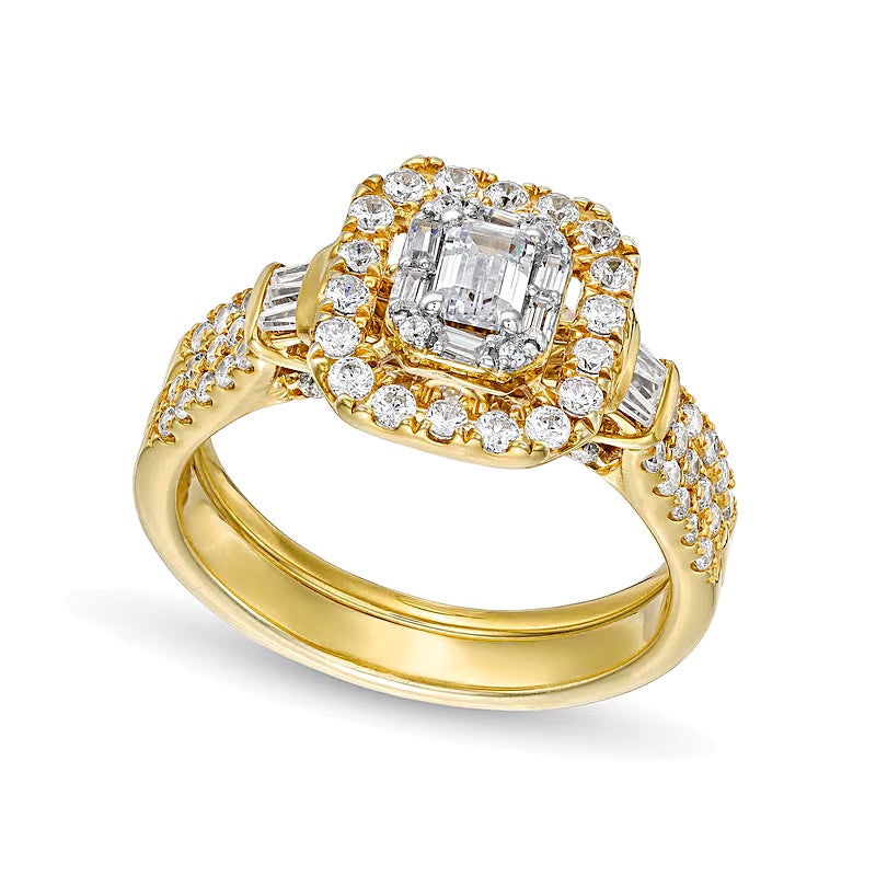 1.0 ct. Gesamtgewicht Diamant-Brautset im Smaragdschliff, zweireihig, in 10K Gelbgold