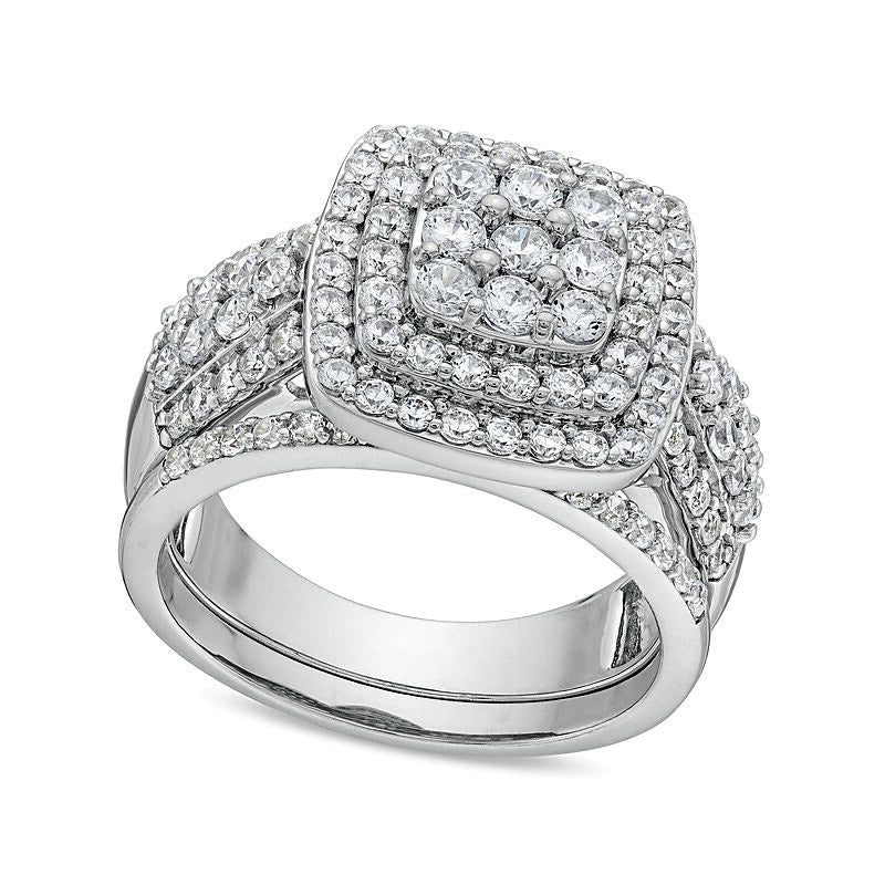 1.33 CT. Gesamtgewicht Kissenschliff Multi-Diamant Brautset mit Schleifen-Design in 10K Weißgold