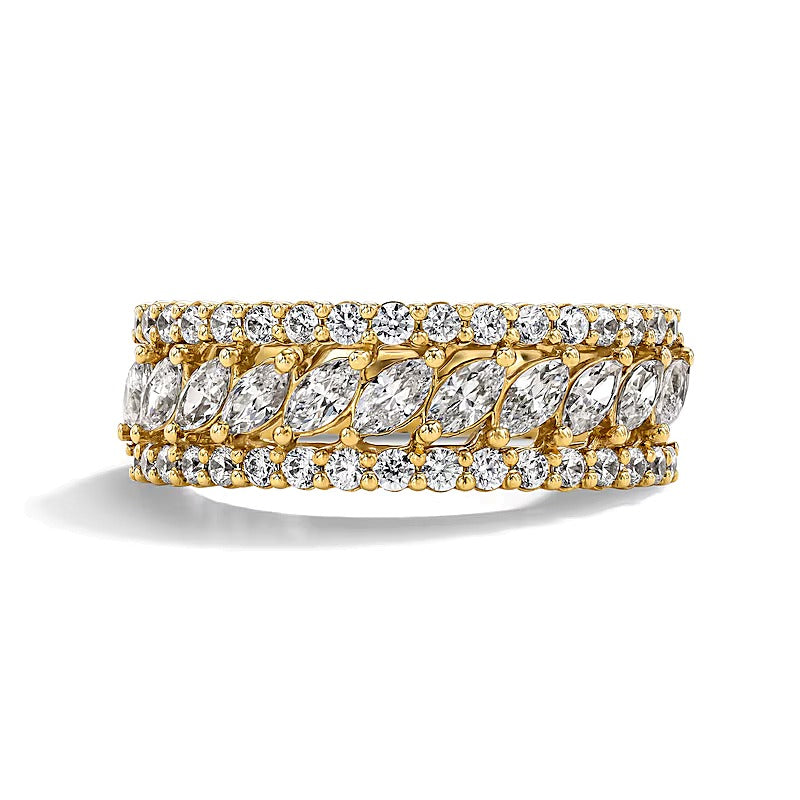 1,25 ct. Gesamtgewicht Labordiamant im Marquise-Schliff mehrreihiger Memoire-Ring in 14K Gelbgold (F/VS2)
