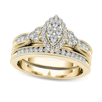 0,5 ct. Gesamtgewicht Komposit-Diamant-Brautset mit Marquise- und Rundschliff in 14K Gelbgold für Damen