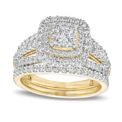Braut-Set mit Diamanten im Kissenschliff und rund, 1.13 ct. Gesamtgewicht, mehrreihig mit geteilten Krappen, in 10K Gelbgold