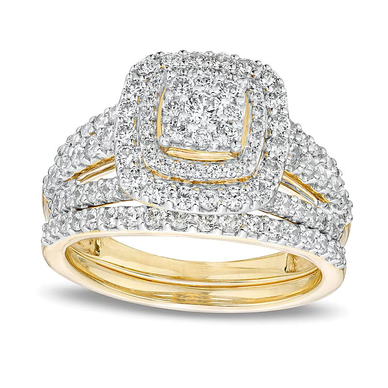 Braut-Set mit Diamanten im Kissenschliff und rund, 1.13 ct. Gesamtgewicht, mehrreihig mit geteilten Krappen, in 10K Gelbgold