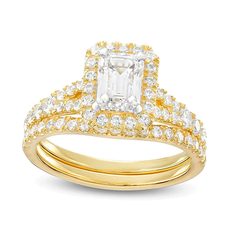 1,88 ct. Gesamtgewicht Braut-Set mit Labordiamanten im Smaragdschliff, Halo und geteilter Schiene in 14K Gelbgold (I/SI2)