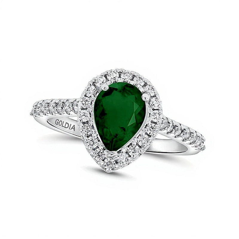 Fashion-Ring mit tropfenförmigem Smaragd und 0,33 ct. Gesamtgewicht Diamanten in 14K Weißgold