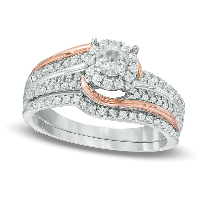 Braut-Set mit im Labor gezüchtetem weißem Saphir und 0,2 ct. Gesamtgewicht Diamanten in Sterlingsilber und 10K Roségold