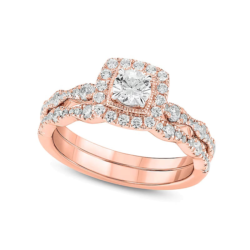 Diamant-Brautset 1.0 ct. Gesamtgewicht mit Kissenschliff-Rahmen im Art-Déco-Vintage-Stil in 10K Roségold