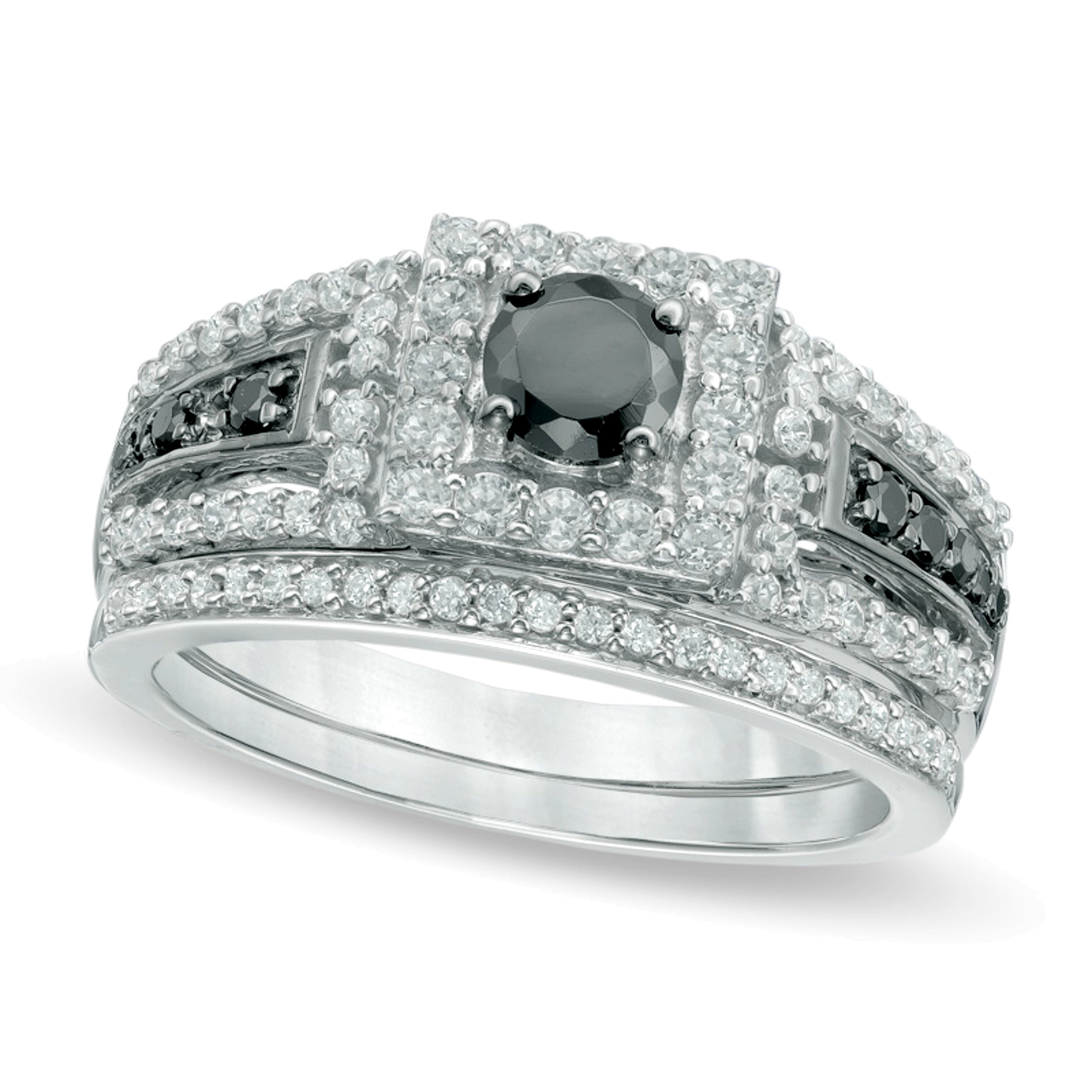 1.0 ct. Gesamtgewicht behandeltes schwarzes und weißes Diamant-Brautset mit quadratischem Rahmen in 10K Weißgold