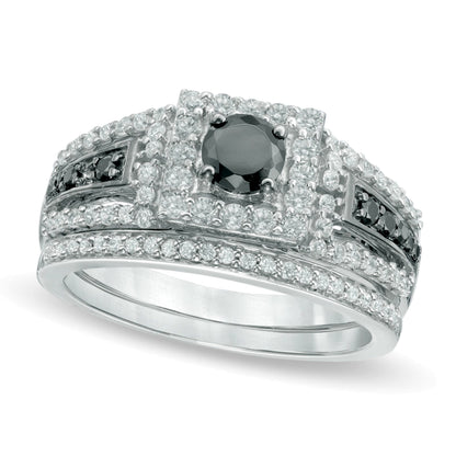 1.0 ct. Gesamtgewicht behandeltes schwarzes und weißes Diamant-Brautset mit quadratischem Rahmen in 10K Weißgold