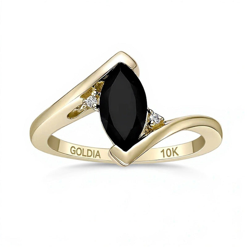 Fashion-Ring mit Onyx im Marquise-Schliff und Diamant-Besatz in 10K Gelbgold