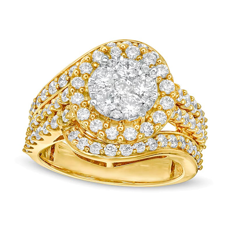 2.0 ct. Gesamtgewicht Komposit-Diamant Bypass mehrreihiger Verlobungsring mit geteiltem Ringschienen-Design in 10K Gelbgold