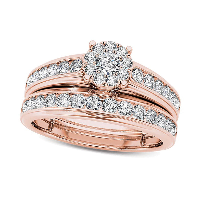 1.5 ct. Gesamtgewicht Diamant-Brautset mit Halo in 14K Roségold
