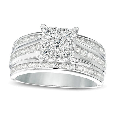 Verlobungsring mit Diamanten 1.5 ct. Gesamtgewicht im quadratischen Halo, mehrreihig, in 14K Weißgold