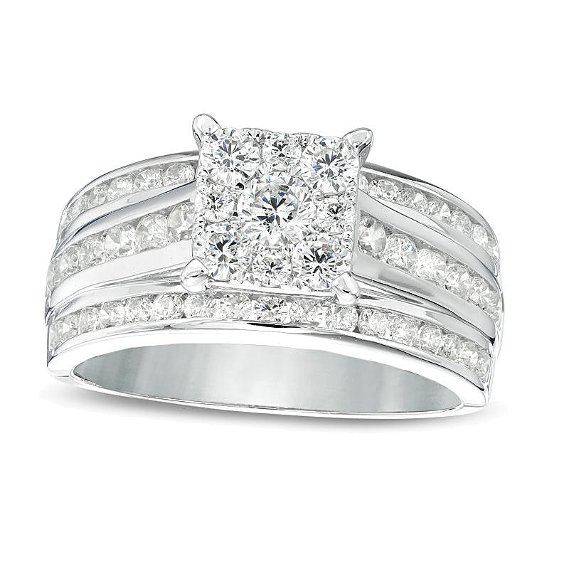Verlobungsring mit Diamanten 1.5 ct. Gesamtgewicht im quadratischen Halo, mehrreihig, in 14K Weißgold