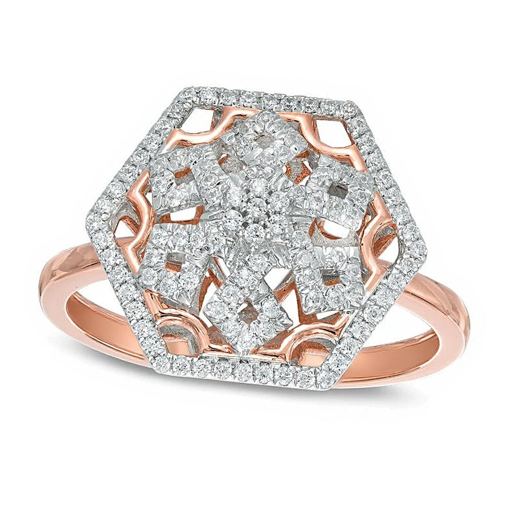 0.25 ct. Gesamtgewicht Diamant Schneeflocken-Ring mit sechseckigem Rahmen in 10K Roségold