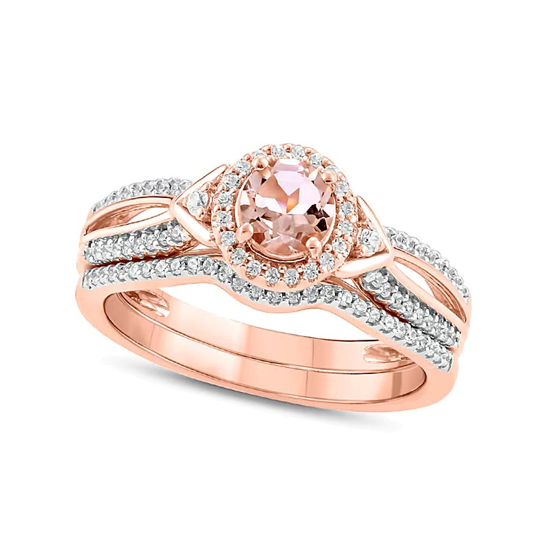 5,0 mm Morganit und 0,25 ct. Gesamtgewicht Diamant Brautset mit Rahmen und Chevron-Seiten sowie geteilter Schiene in 10K Roségold
