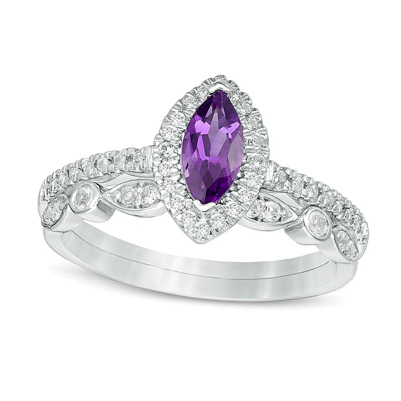 Braut-Set für Damen mit Amethyst im Marquise-Schliff und Labor-Saphiren im Vintage-Stil in 10K Weißgold