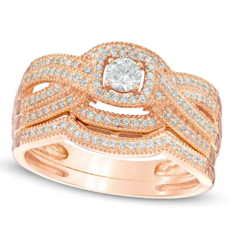 0.5 ct. Gesamtgewicht Diamant Braut-Set mit quadratischem Rahmen und gedrehter Ringschiene in 14K Roségold