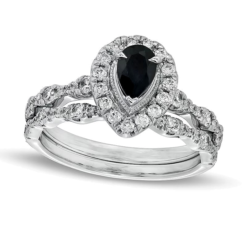 Braut-Set mit tropfenförmigem schwarzem Saphir und 0,75 ct. Gesamtgewicht Diamanten im Vintage-Stil in 10K Weißgold