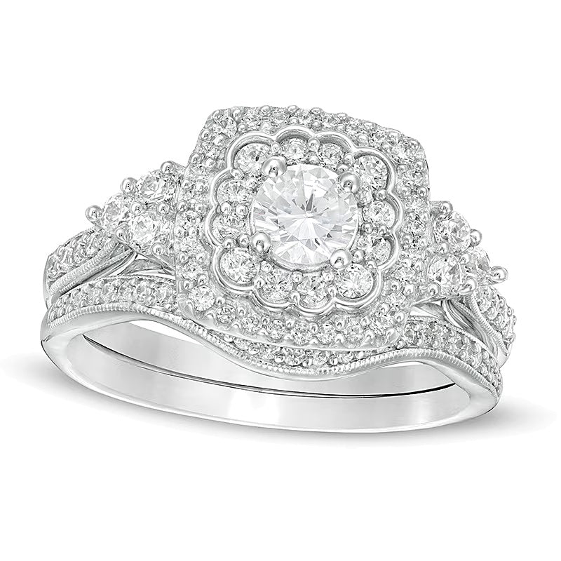 Braut-Set mit Diamanten im Kissenschliff und rund im Vintage-Stil, 1.0 ct. Gesamtgewicht, in 10K Weißgold