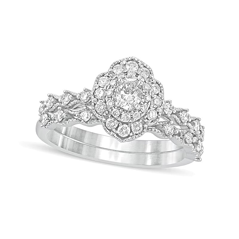0,63 ct. Gesamtgewicht Braut-Set mit ovalem Diamant im Vintage-Stil in 10K Weißgold