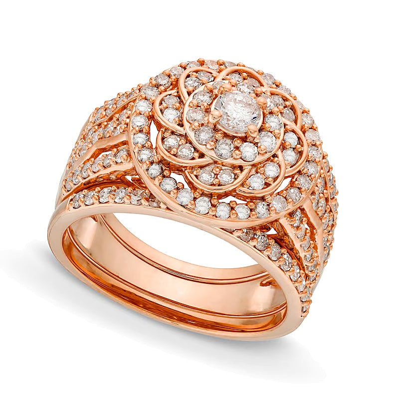 Brautset mit Diamanten im Blumen-Design im keltischen Stil, 1.5 ct. Gesamtgewicht, in 10K Roségold