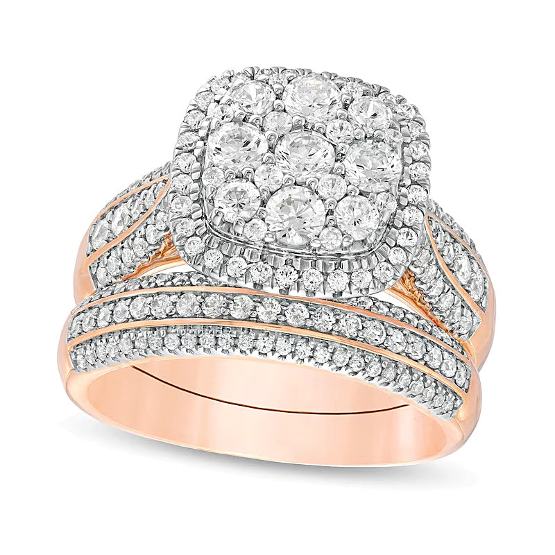 Brautset mit Diamanten im Kissenschliff-Komposit, mehrreihig, 1.5 ct. Gesamtgewicht in 10K Roségold