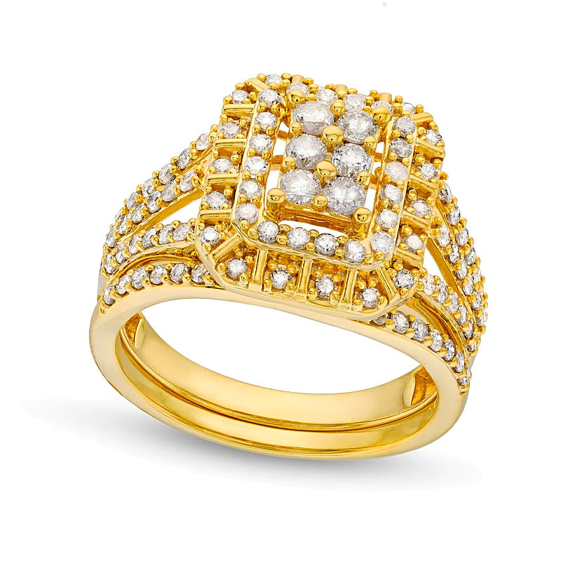 1.0 ct. Gesamtgewicht Smaragd Multi-Diamant Brautset dreireihig mit geteiltem Ring in 10K Gelbgold