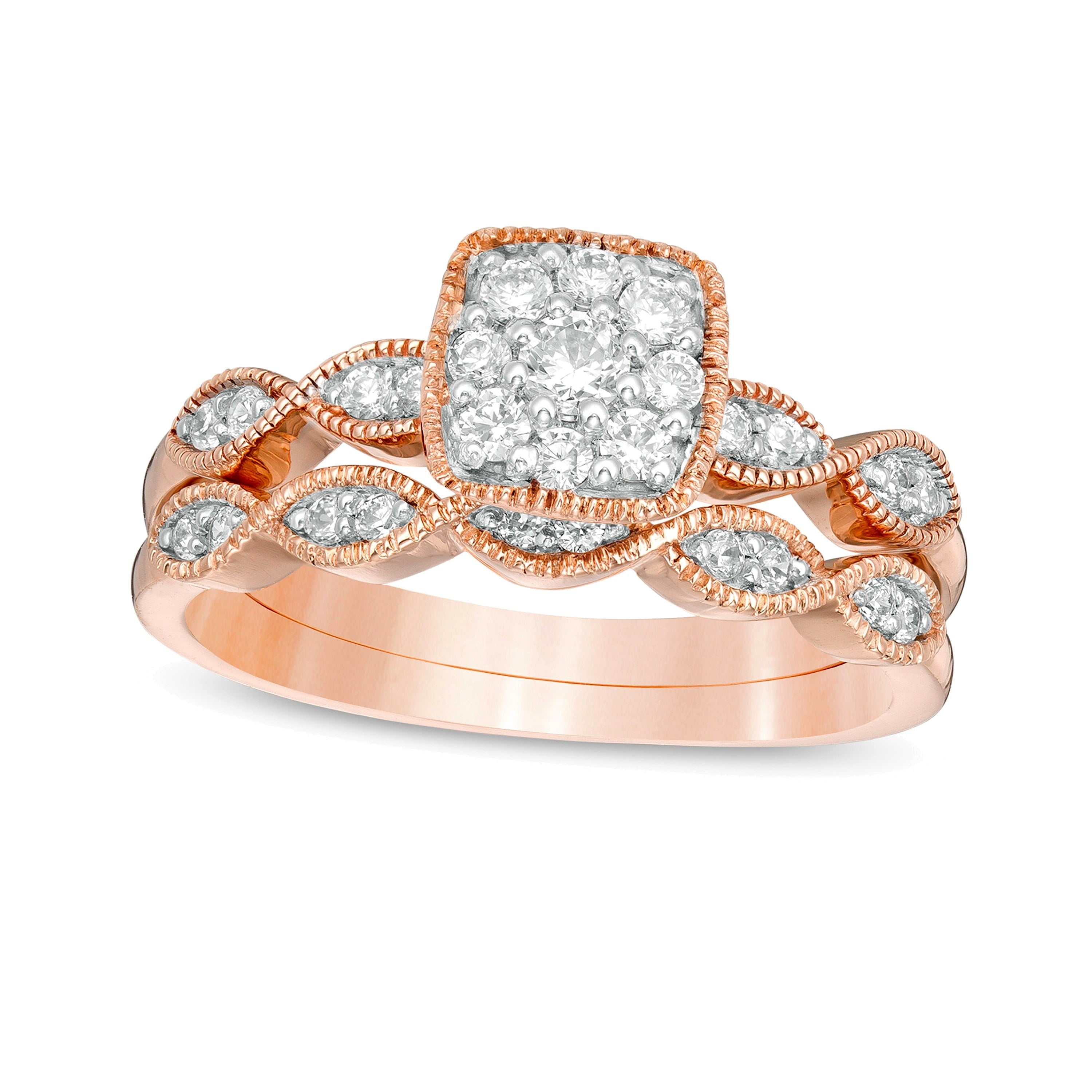 Brautset mit Diamanten 0.38 ct. Gesamtgewicht in rund, Marquise und Kissenschliff im Vintage-Stil in 10K Roségold