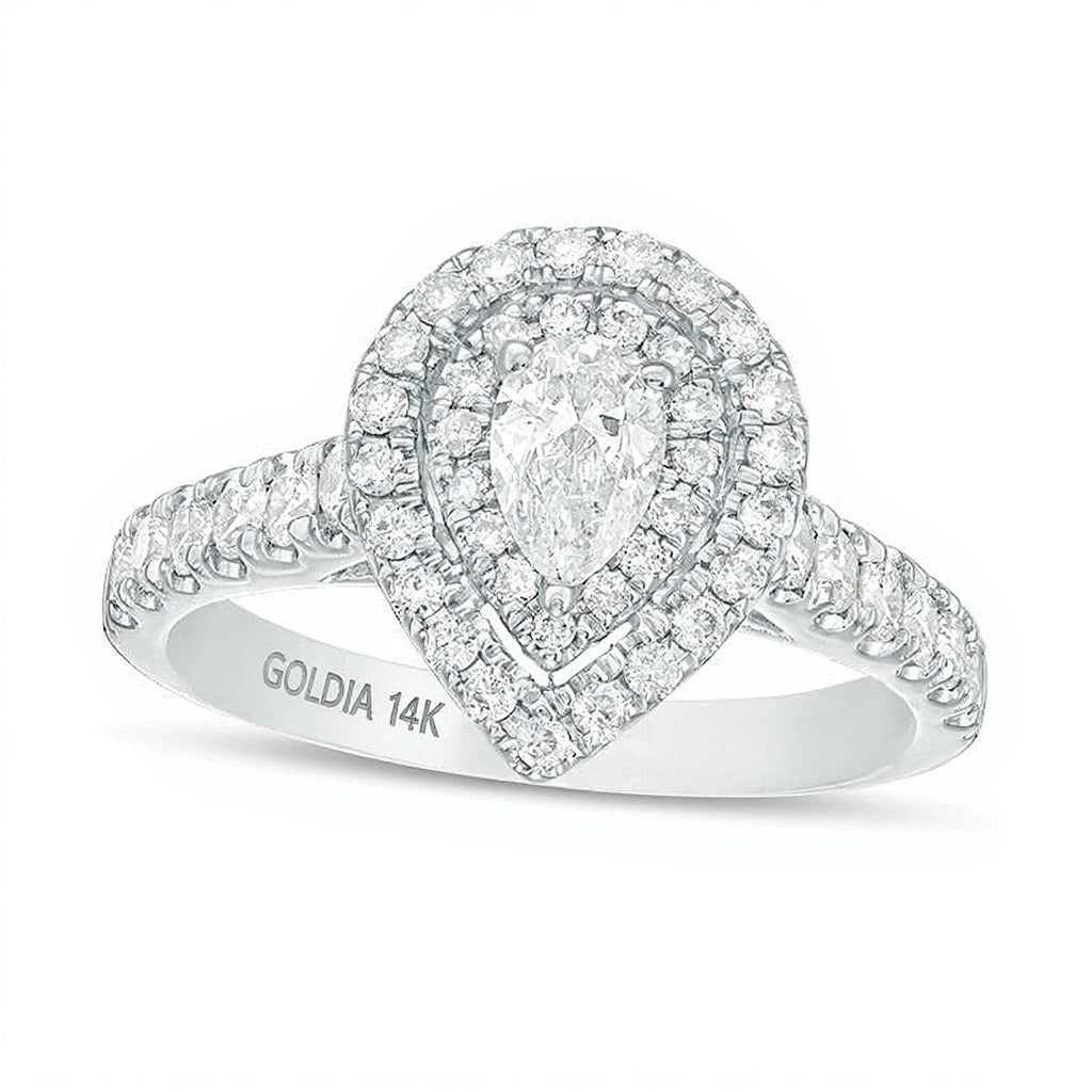Verlobungsring mit tropfenförmigen und runden Diamanten 1.0 ct. Gesamtgewicht Halo in 14K Weißgold