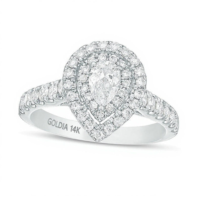 Verlobungsring mit tropfenförmigen und runden Diamanten 1.0 ct. Gesamtgewicht Halo in 14K Weißgold