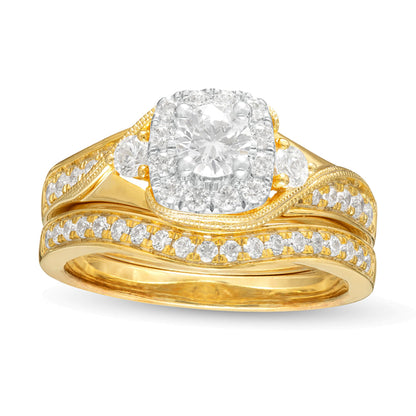 1.0 ct. Gesamtgewicht Diamant Brautset im Vintage-Stil mit Kissenschliff-Halo in 10K Gelbgold