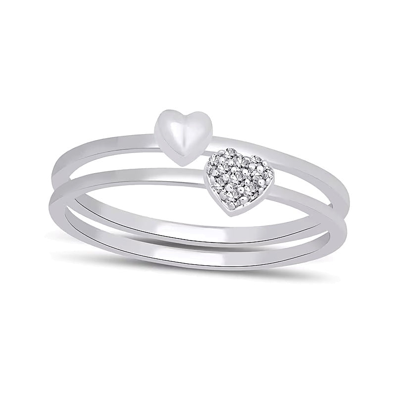 Herzförmiges zweiteiliges stapelbares Ring-Set mit Diamant-Besatz und poliertem Herz in 10K Weißgold