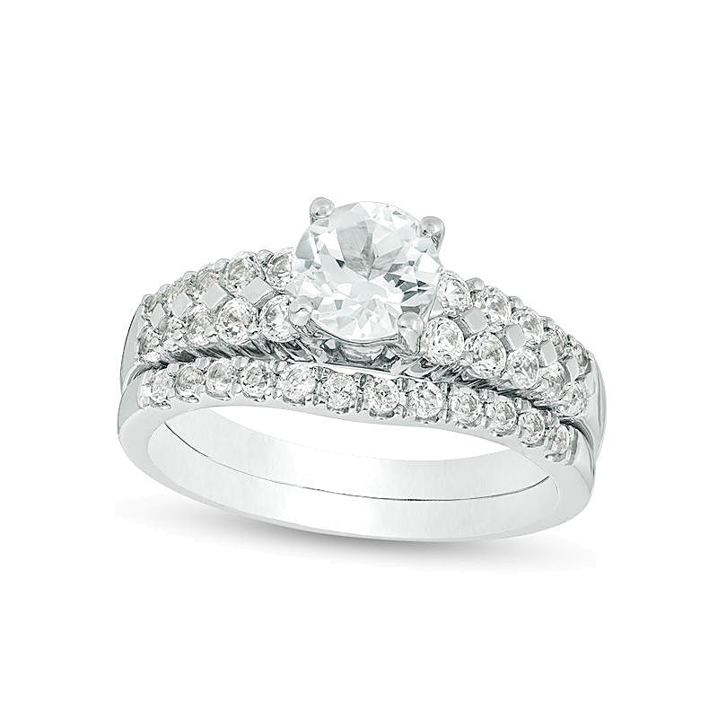 6,0 mm Braut-Set mit im Labor gezüchtetem weißem Saphir in rhodiniertem Sterlingsilber