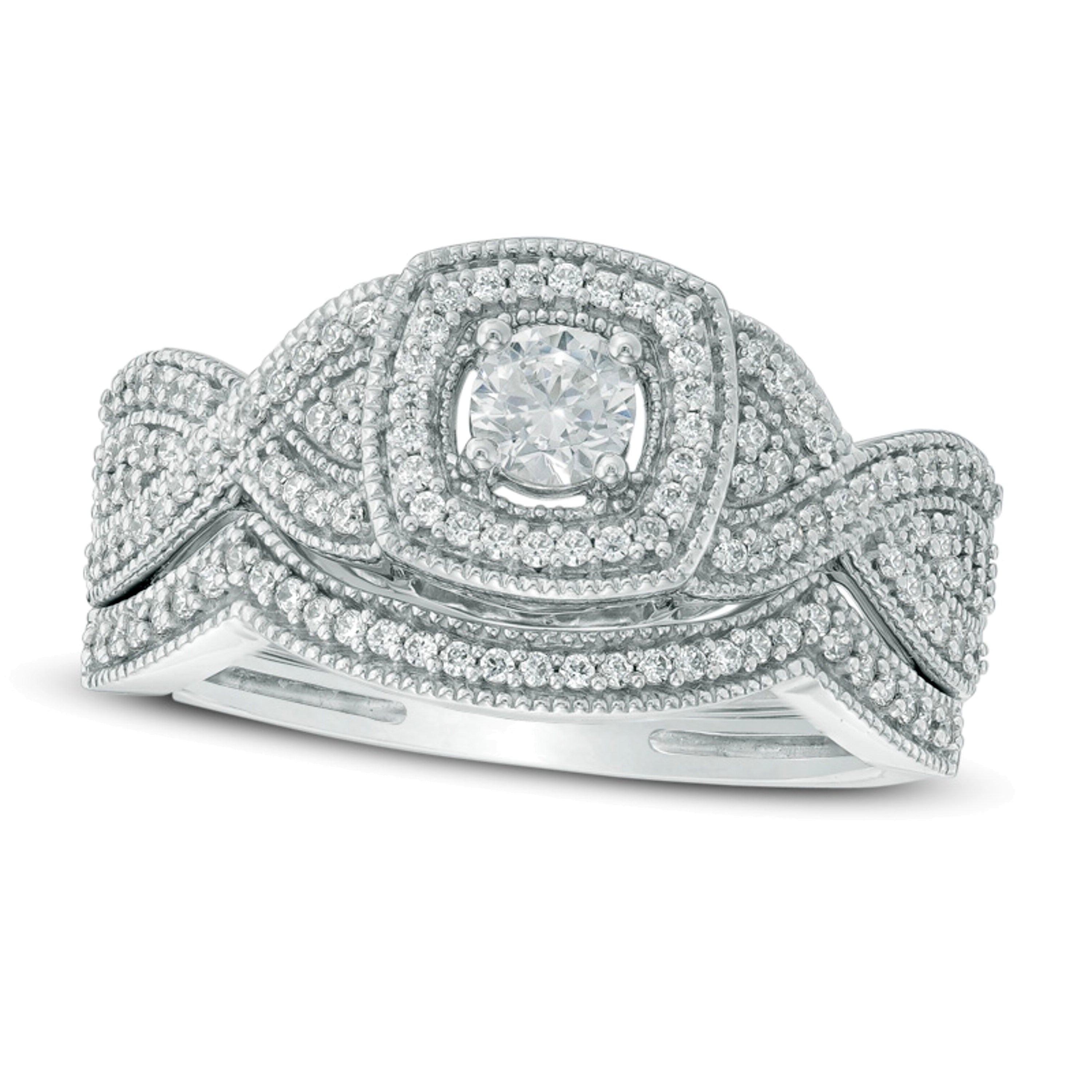 0.5 CT. Gesamtgewicht Diamant-Brautset mit quadratischem Rahmen und gedrehter Ringschiene in 10K Weißgold